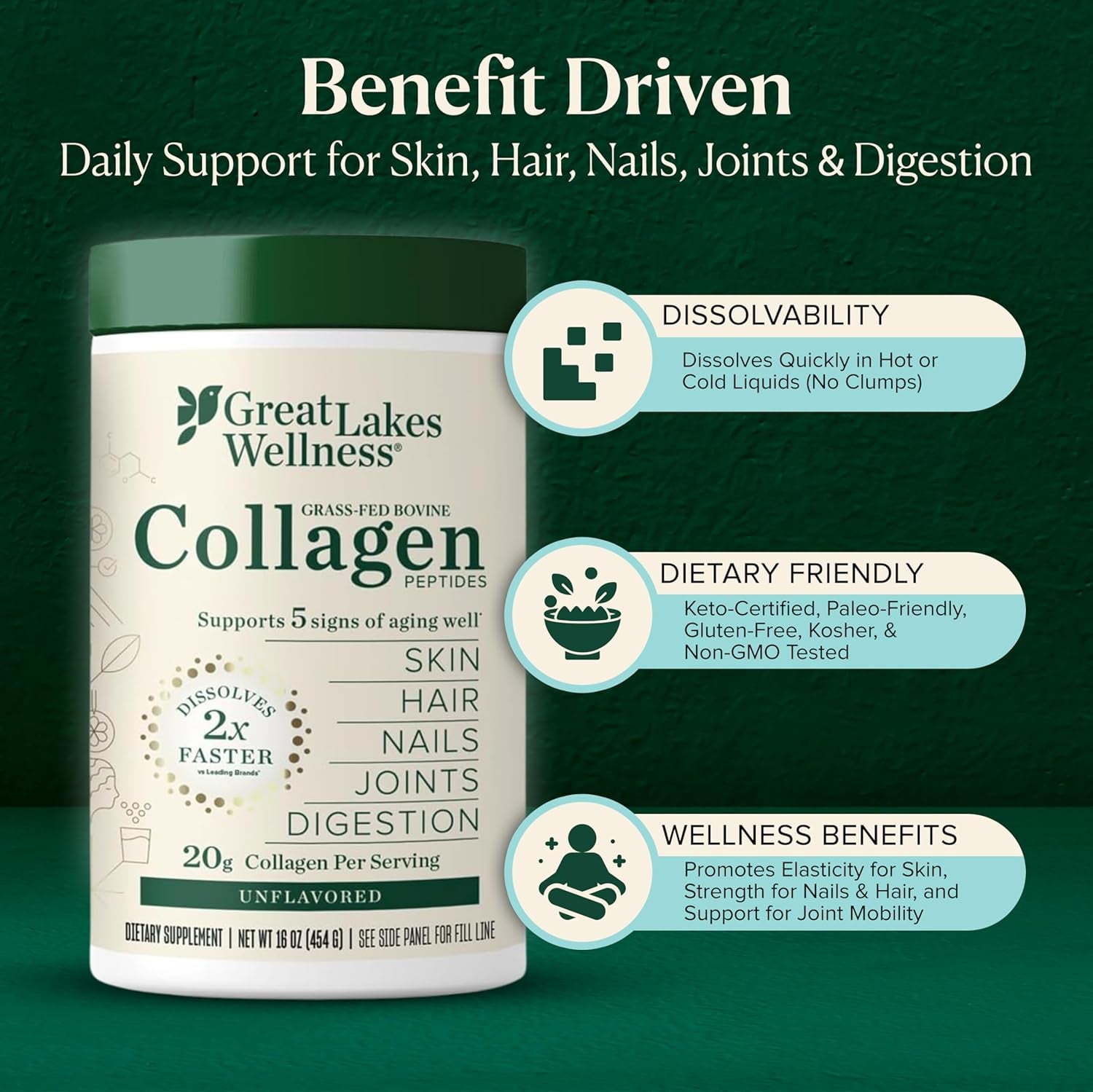 Premium Collagen Peptides Powder – Enhance Skin, Hair, Nails, Joints & Digestion – Hydrolyzed, Quick Dissolve, Non-GMO, Keto & Kosher – 16 Oz (22 Servings)