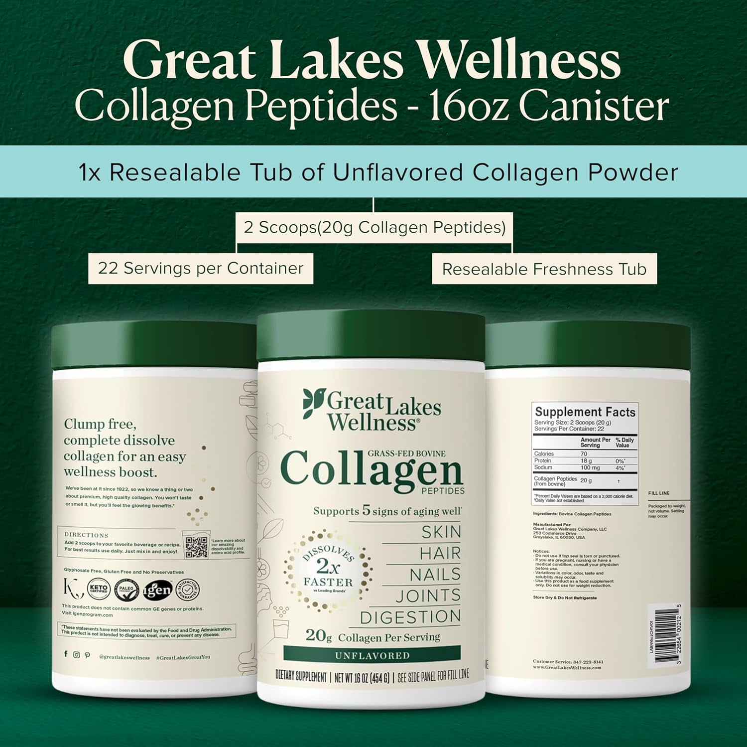 Premium Collagen Peptides Powder – Enhance Skin, Hair, Nails, Joints & Digestion – Hydrolyzed, Quick Dissolve, Non-GMO, Keto & Kosher – 16 Oz (22 Servings)