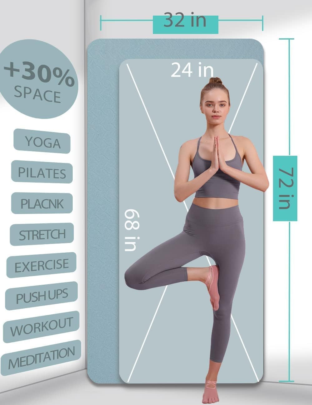 Non-Slip Yoga Mat Double-Sided, 72"×32"×7mm – Extra Thick TPE Mat for Women & Men | Yoga, Pilates & Home Workout | Carry Strap Included