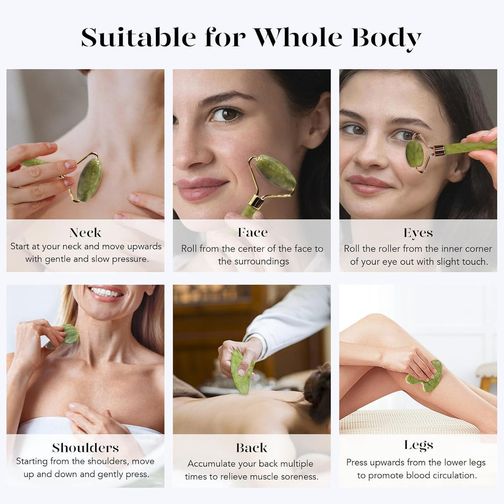 Gua Sha & Jade Roller Set – Cooling Face Roller + Guasha Facial Sculpting Tool for Depuffing, Jawline & Lymphatic Drainage | Skincare Gift for Women