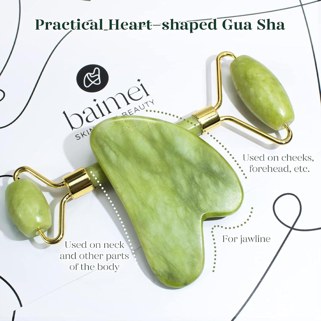 Gua Sha & Jade Roller Set – Cooling Face Roller + Guasha Facial Sculpting Tool for Depuffing, Jawline & Lymphatic Drainage | Skincare Gift for Women
