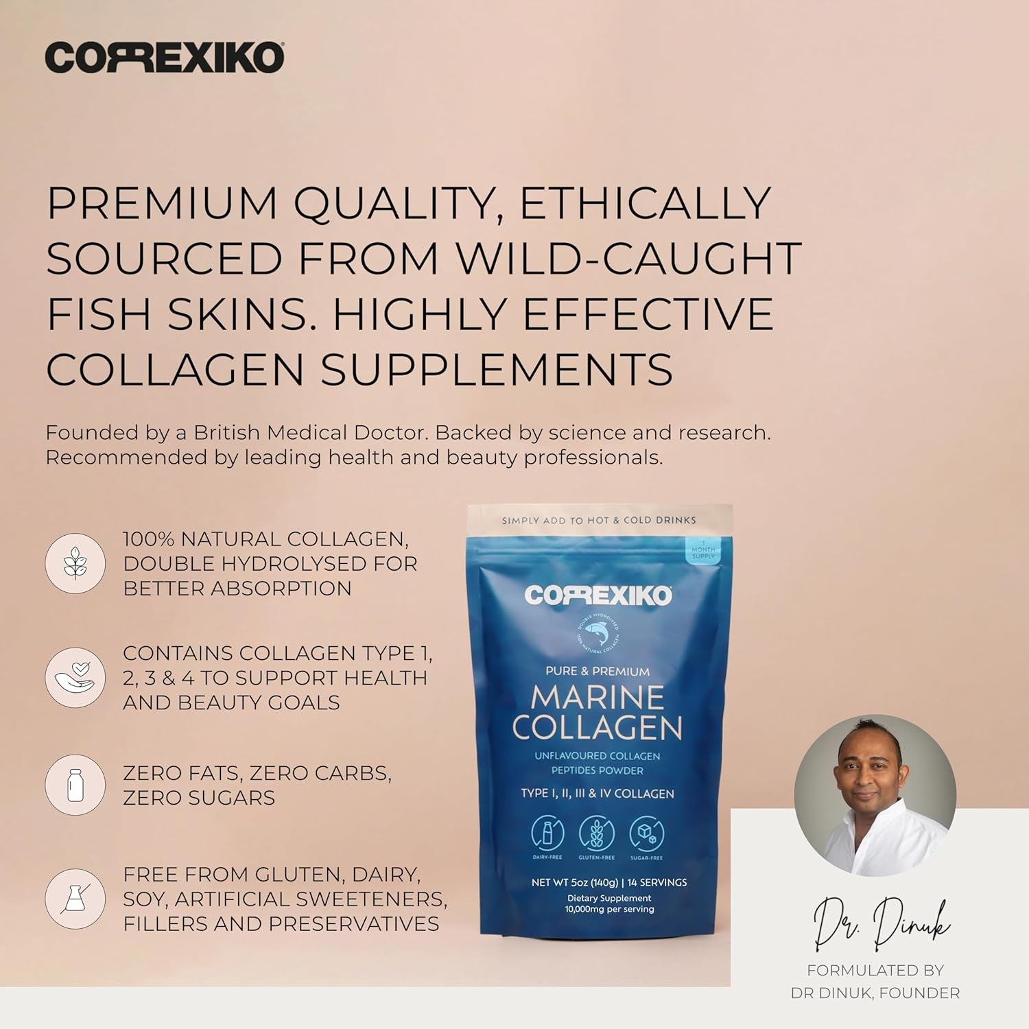 Marine Collagen Powder – Hydrolyzed Peptides for Glowing Skin, Strong Hair, Nails & Joints | Unflavored | Max Absorption | 5oz, 14 Servings